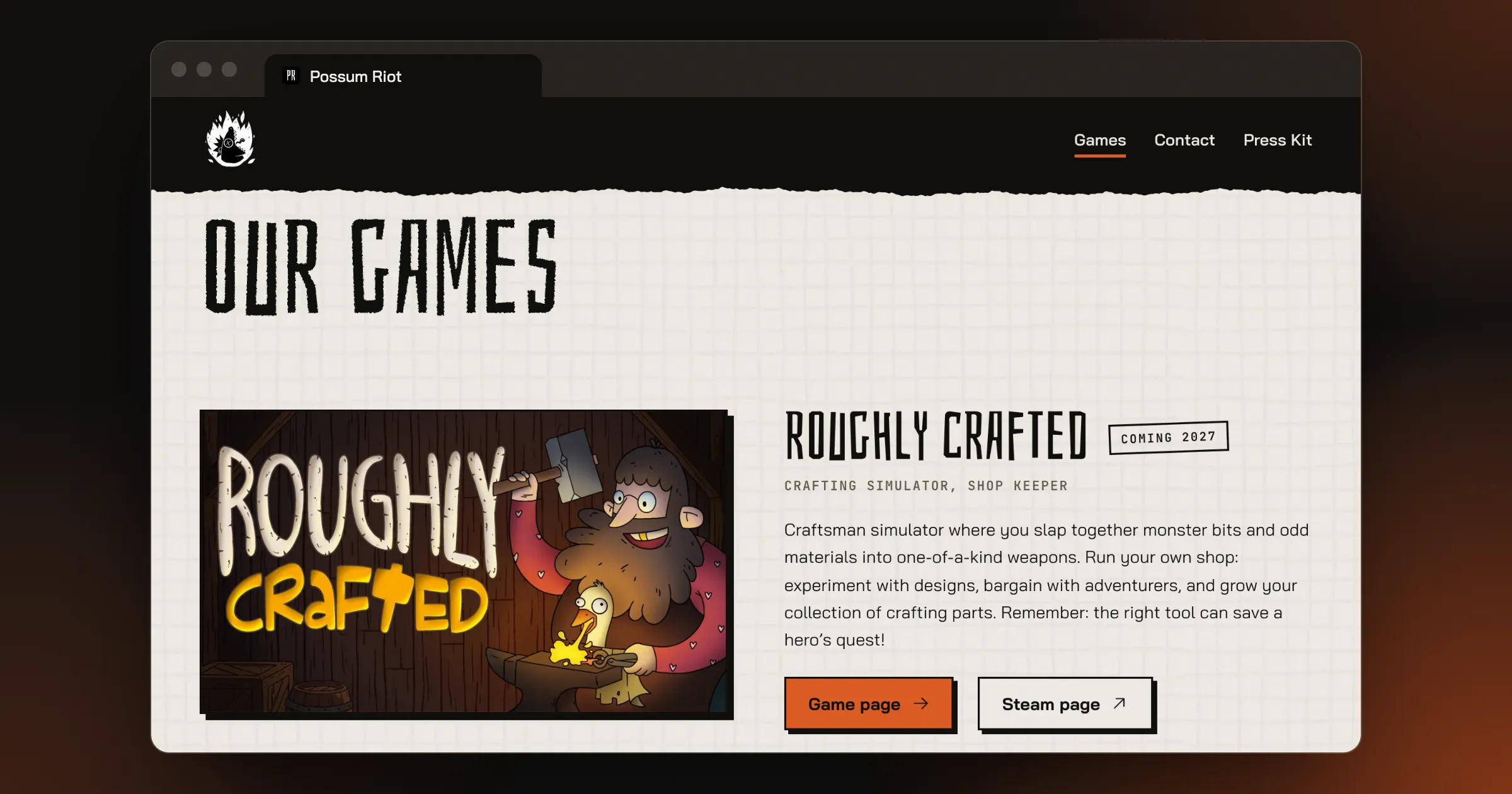 Possum Riot website screenshot